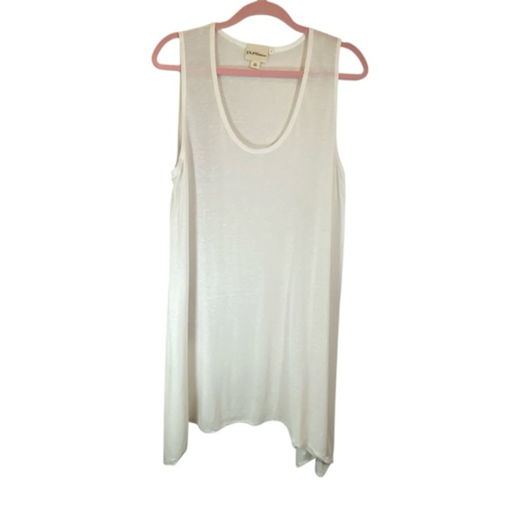 PURE DKNY Women’s Linen Blend Tank Tunic Top Shark-bite Hem White M‎